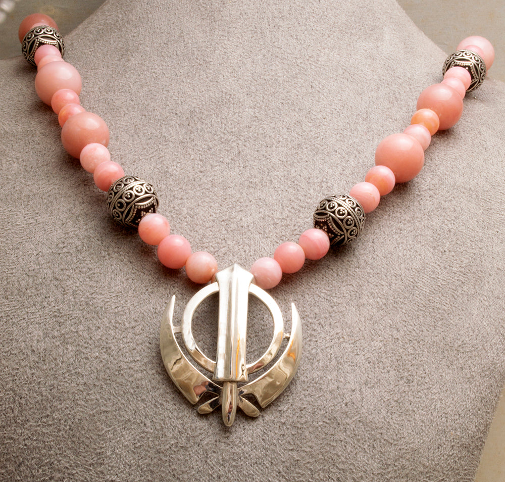 Natural pink Andean opal and silver bead necklace with Khanda pendant