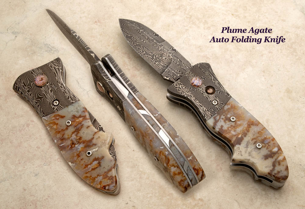 Natural plume agate auto-folding knife