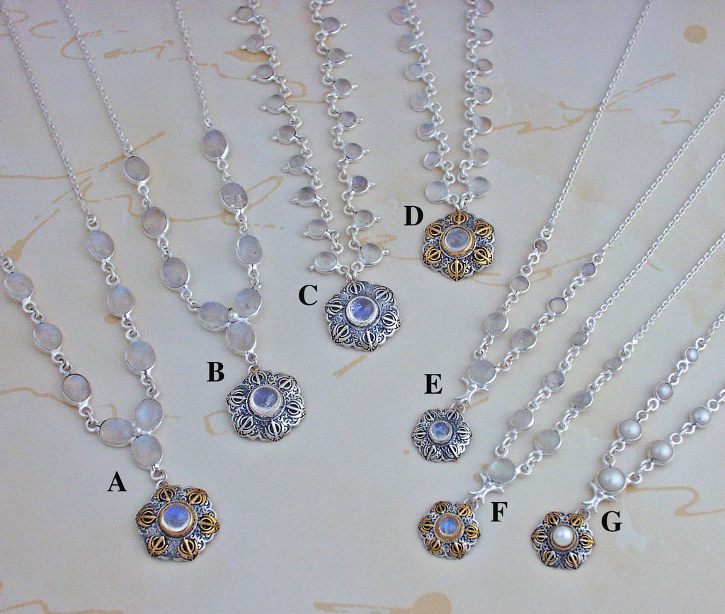 Rainbow moonstone and pearl necklaces with Adi Shakti Talisman pendants