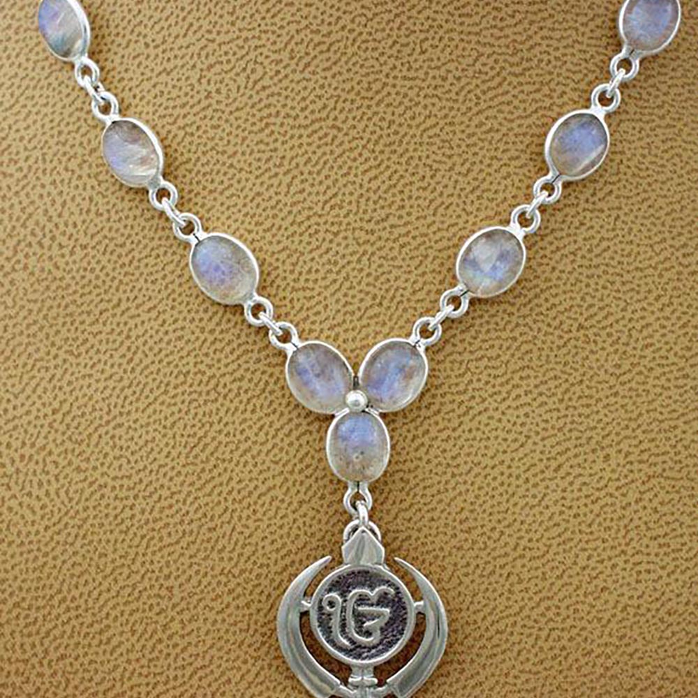 Khanda Ekongkar pendants on varied gemstone necklaces