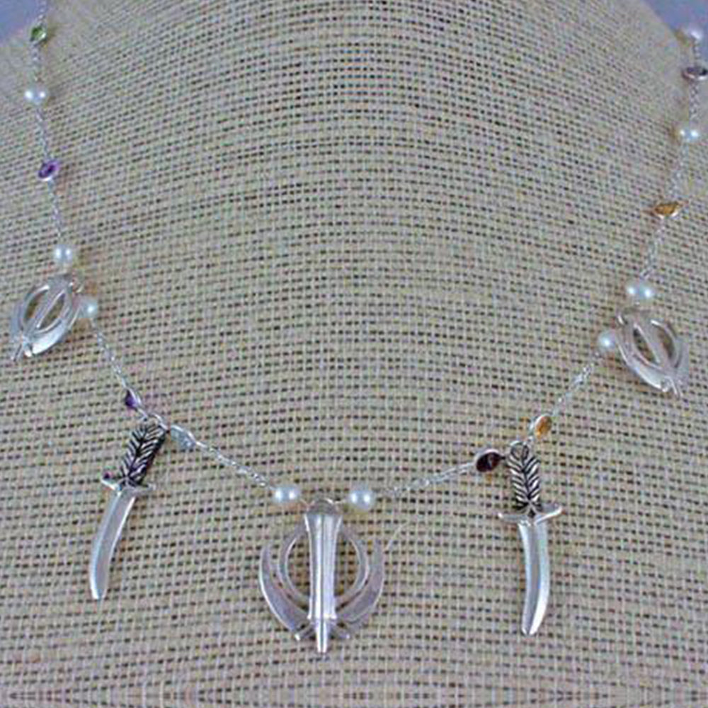 Silver pearl gemstone necklace with Khanda symbols and LifeKnives
