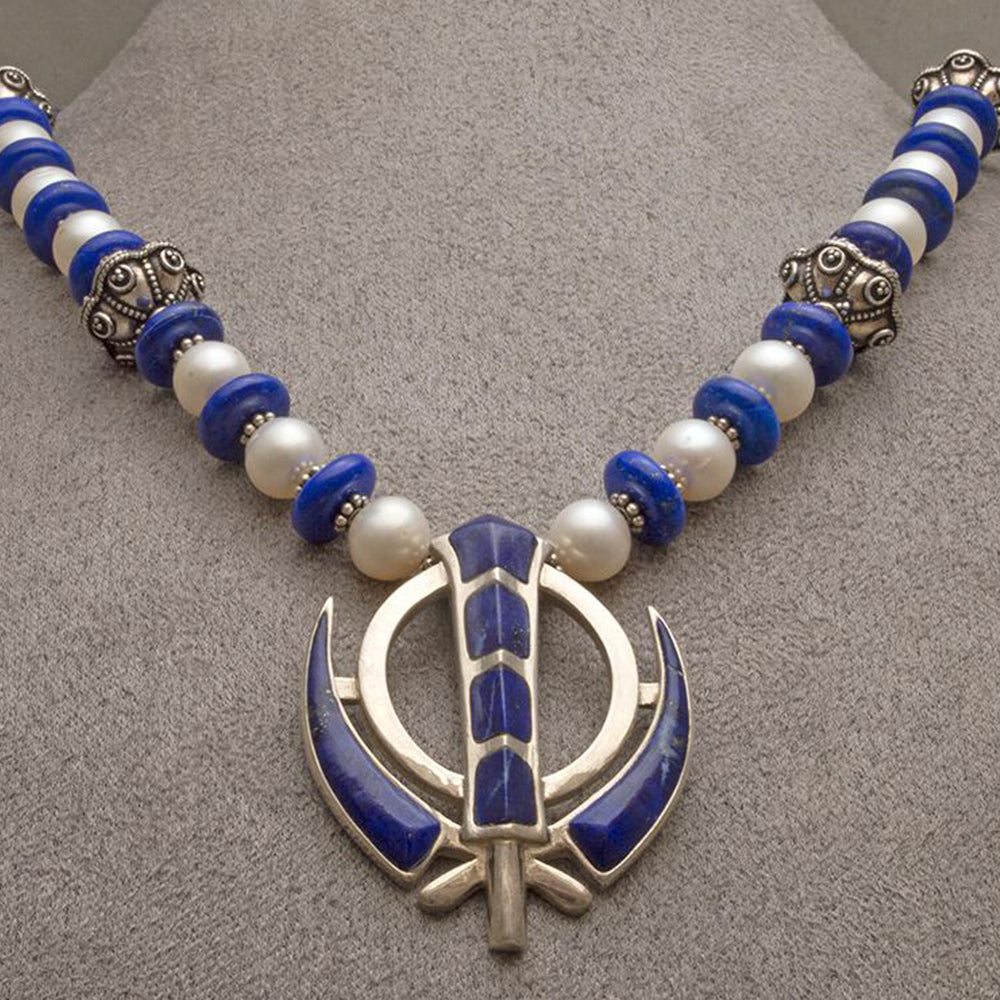 Silver, lapis, pearl khanda / adi shakti necklace