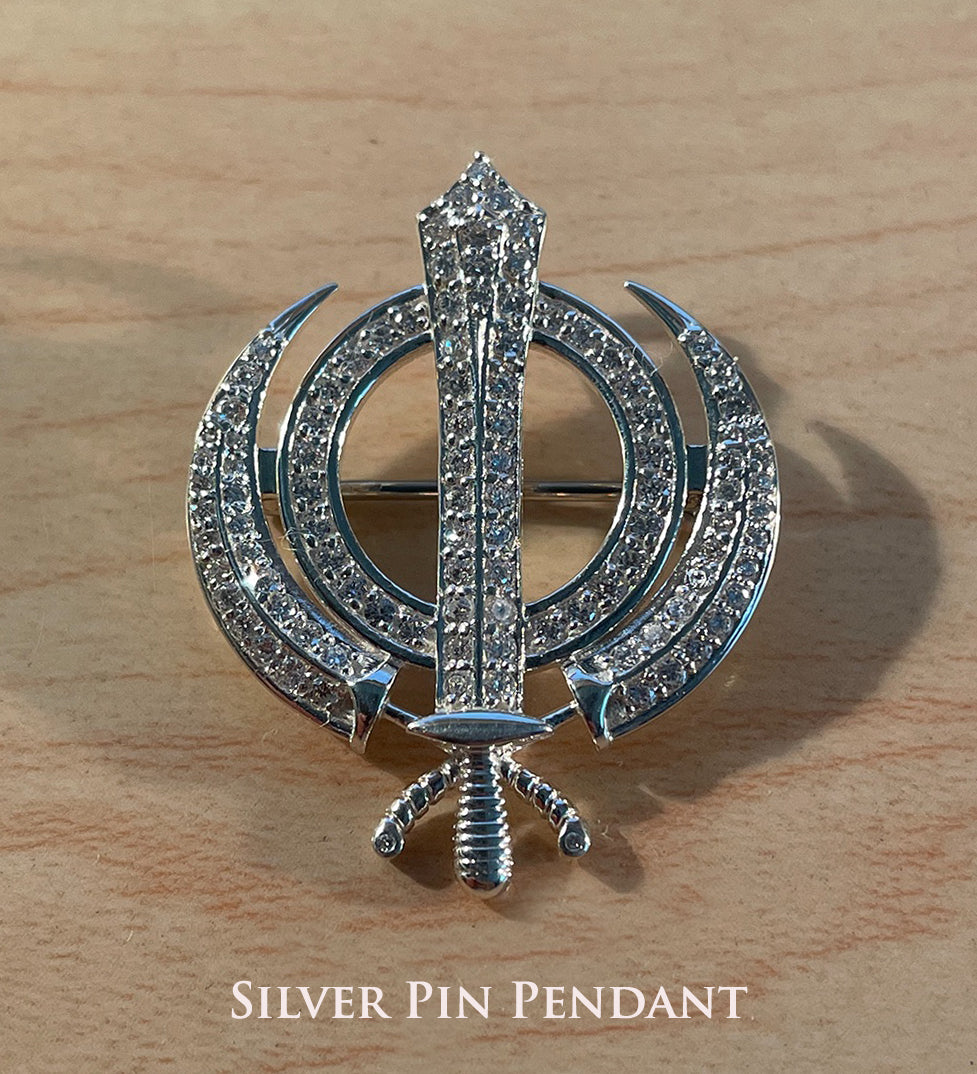 Gold or silver and diamond Khanda pin pendant