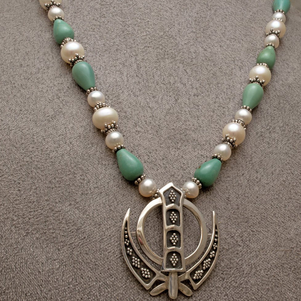 Turquoise, pearl, silver khanda necklace