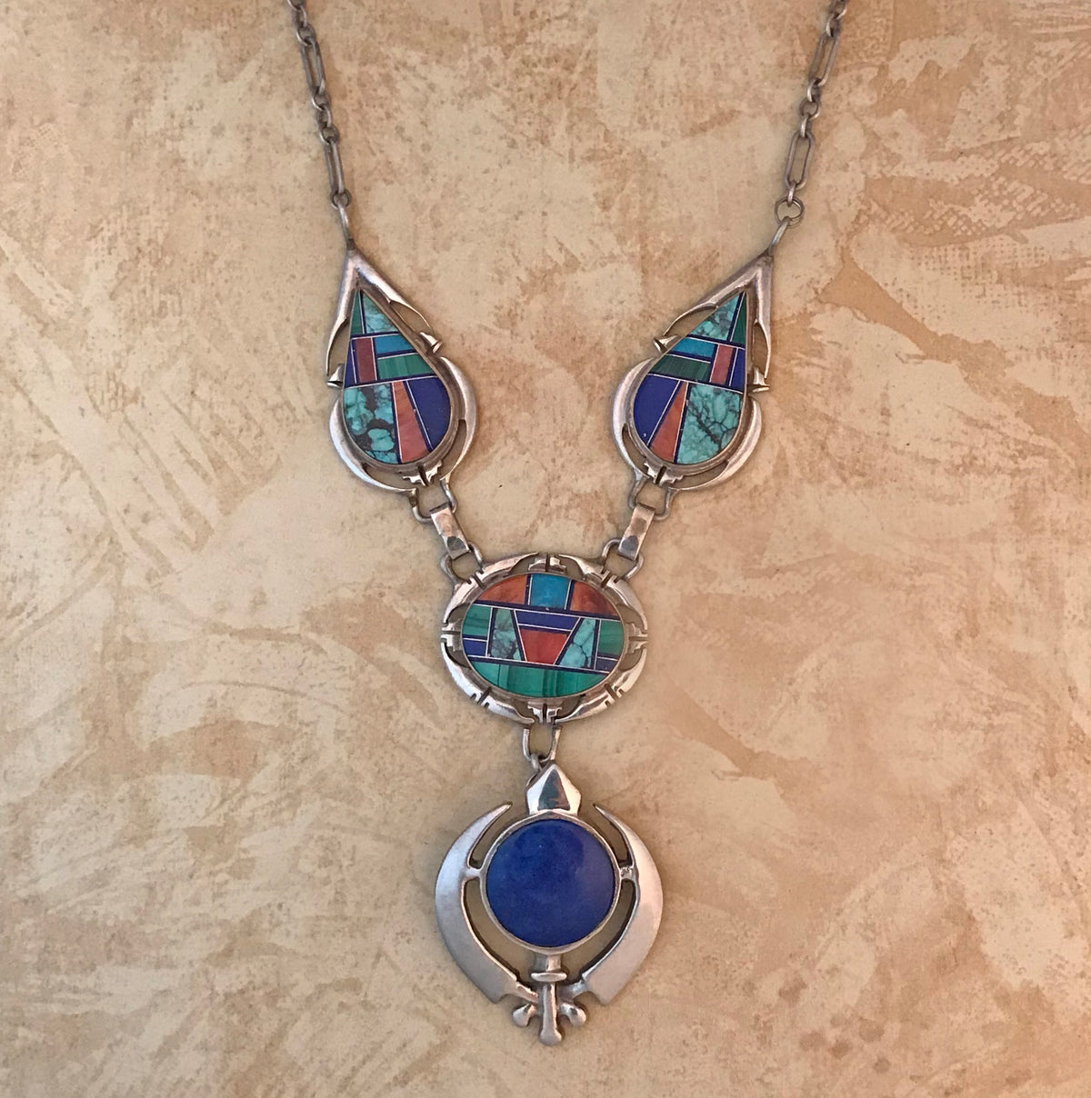 65% off!! - Turquoise, lapis, malachite, spiny oyster silver Khanda necklace