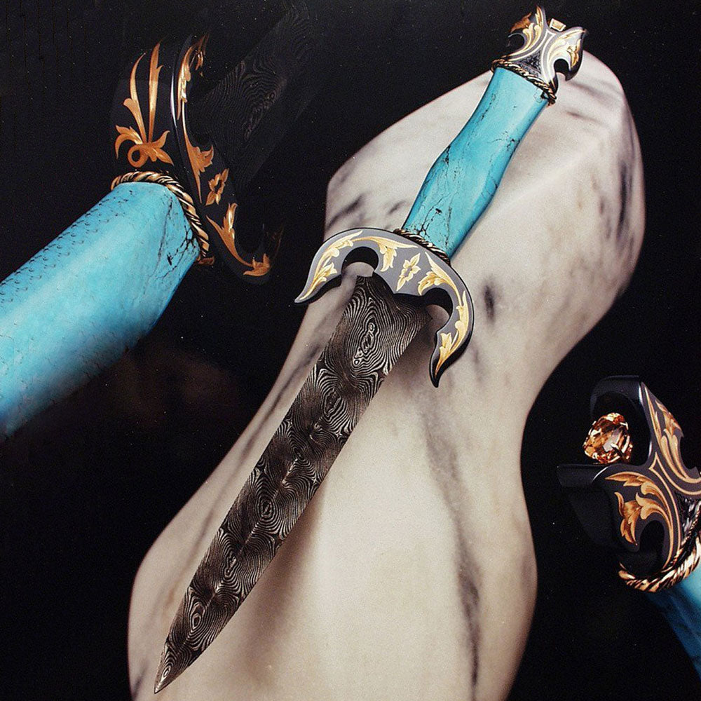 Engraved/gold inlaid turquoise handled dagger