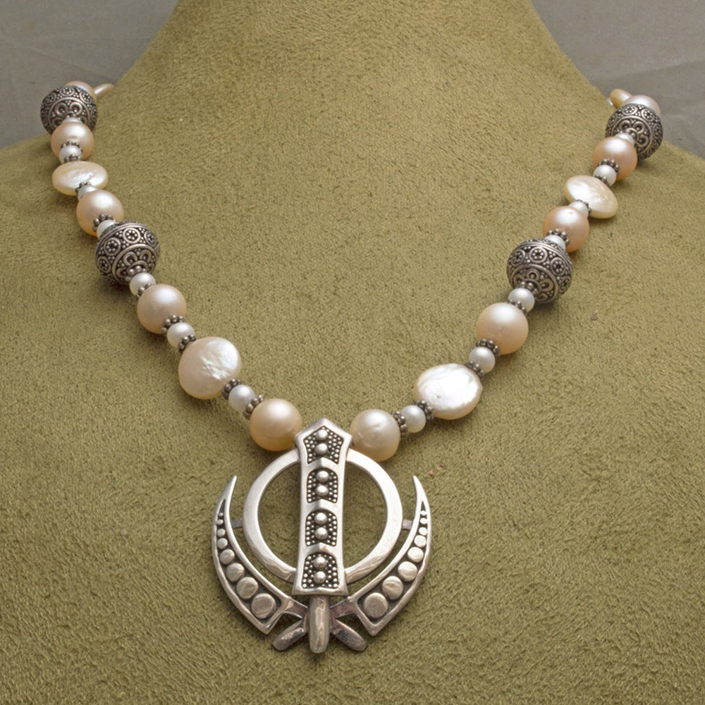 Silver freshwater pearl khanda / adi shakti necklace