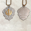 Two-tone steel Khanda / Adi Shakti Shield medallion keyrings or pendants on chains - with Mool Mantra or Mangala Charan Mantra - 40% & 50% off!