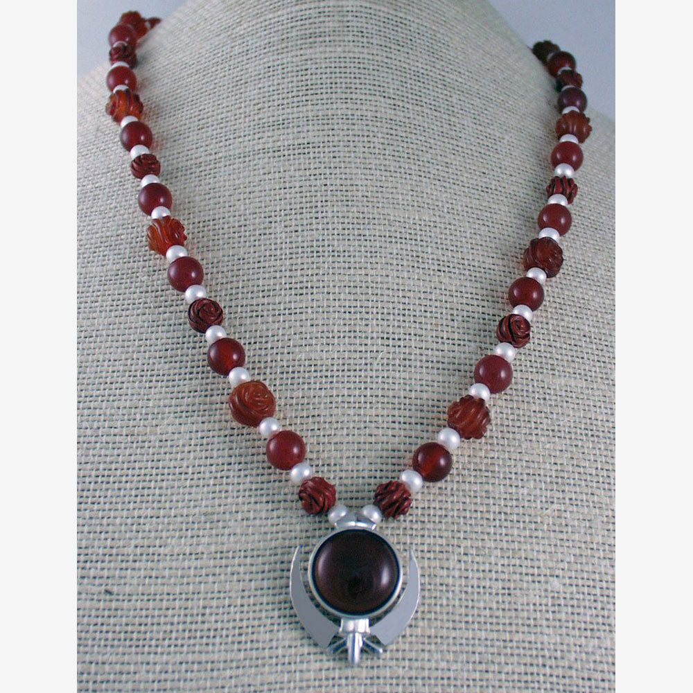 Carnelian, jasper, pearl and silver Khanda necklace