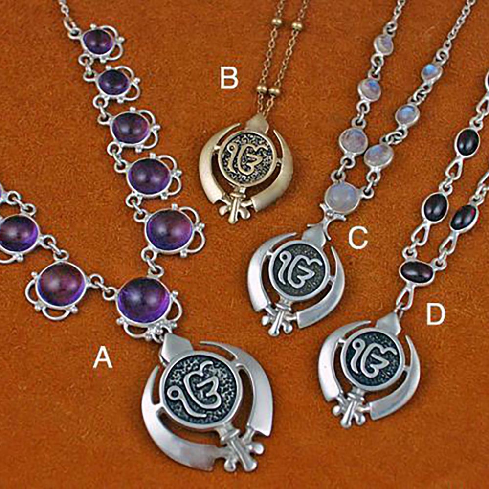 Khanda Ekongkar Pendants on varied necklaces