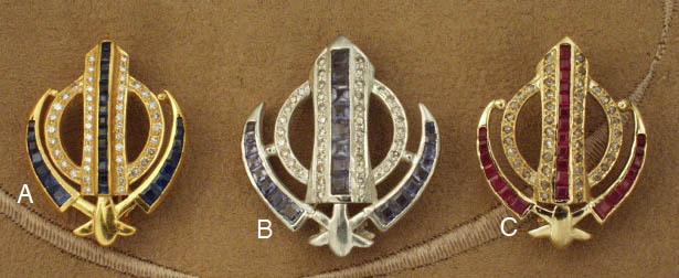 Small Khanda/Adi Shakti pin pendant with diamonds, blue sapphires and rubies