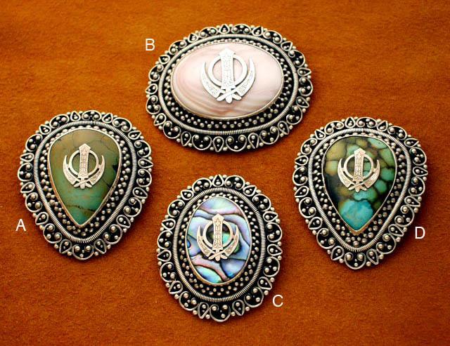 Large Khanda, with Natural gemstone and Shell inset pin pendants