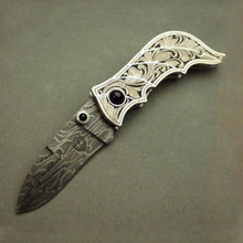 Load image into Gallery viewer, Engraved carved silver folding knife
