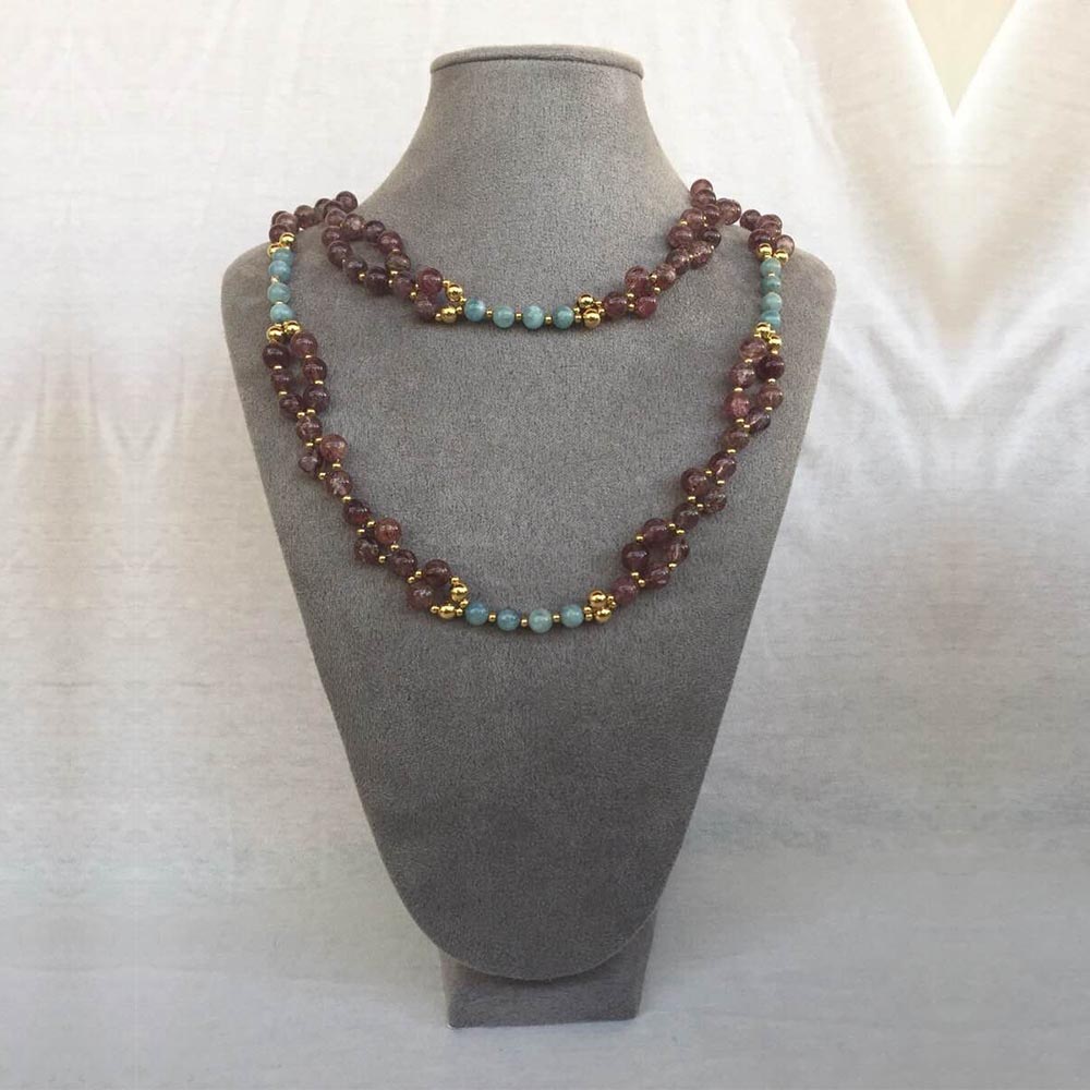 Strawberry Quartz, Microcline, and 24K Gold-filled Bead Tantric Necklace