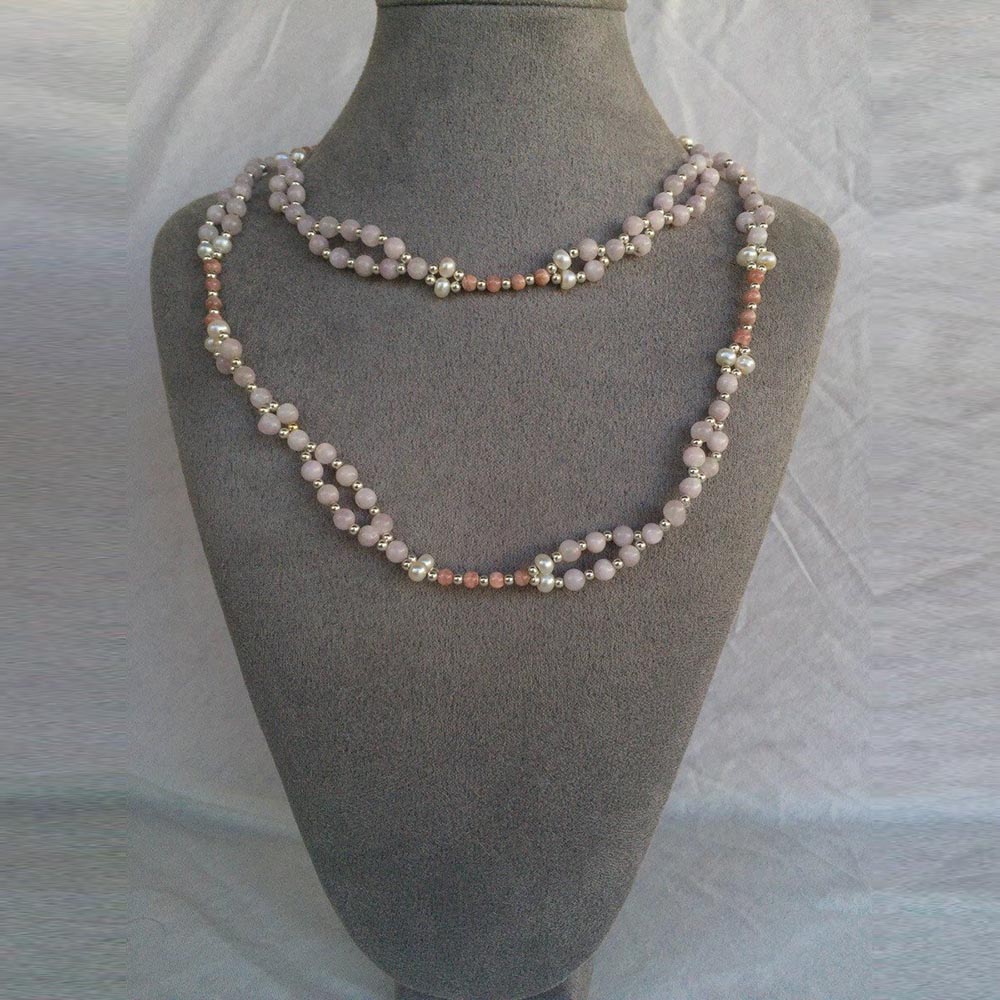 Kunzite, Rhodochrosite, Pearl and Sterling Silver Bead Tantric Necklace