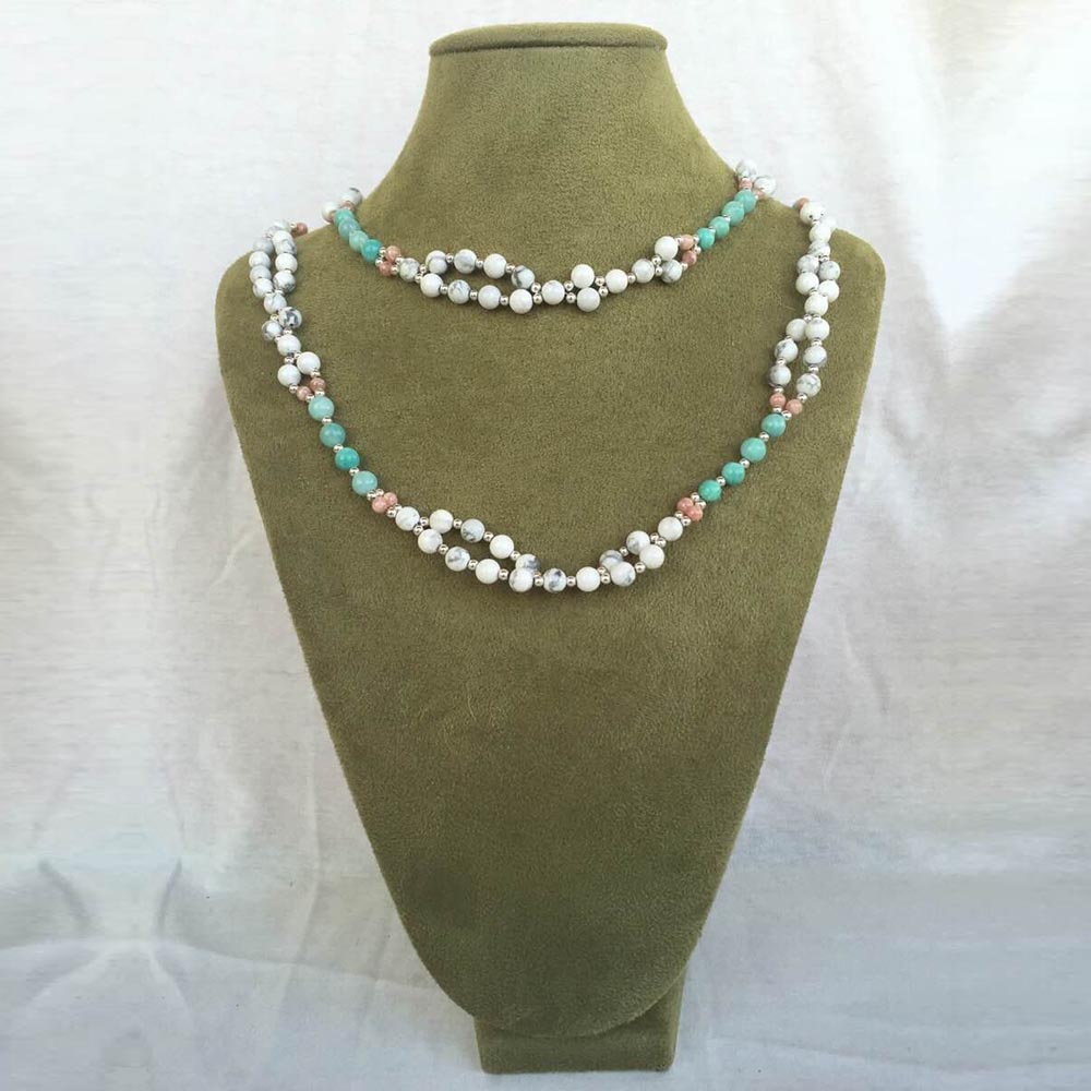 Tridacna, Rhodochrosite, Microcline and Sterling Silver Bead Tantric Necklace