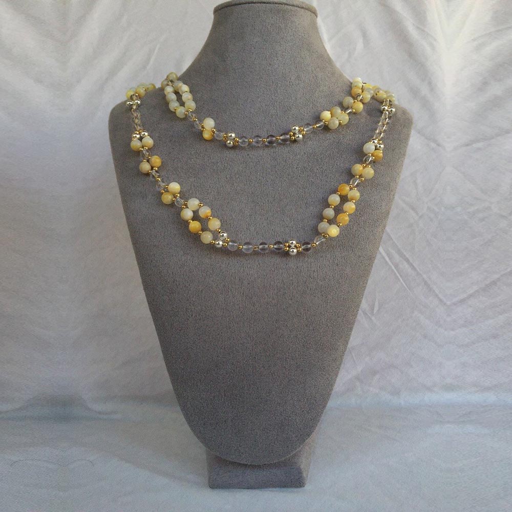 Gold Tridacna, Microcline, Quartz Crystal, Strawberry Quartz, and Solid Silver Bead Tantric Necklace