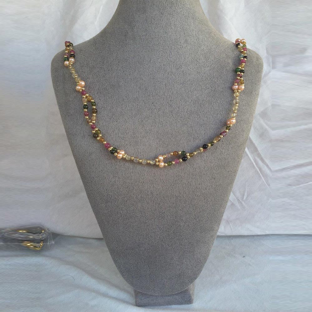 Tourmaline, Pearl, Quartz Crystal, 18K Gold-filled bead Tantric Necklace