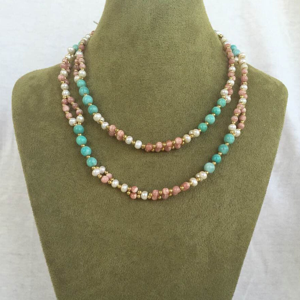 Rhodochrosite, Microcline, Pearl and 18K Gold-filled bead Tantric Necklace