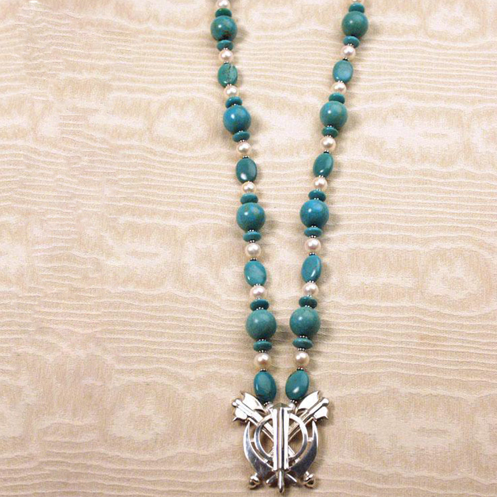 Turquoise, pearl, and silver Double-Axe Khanda necklace